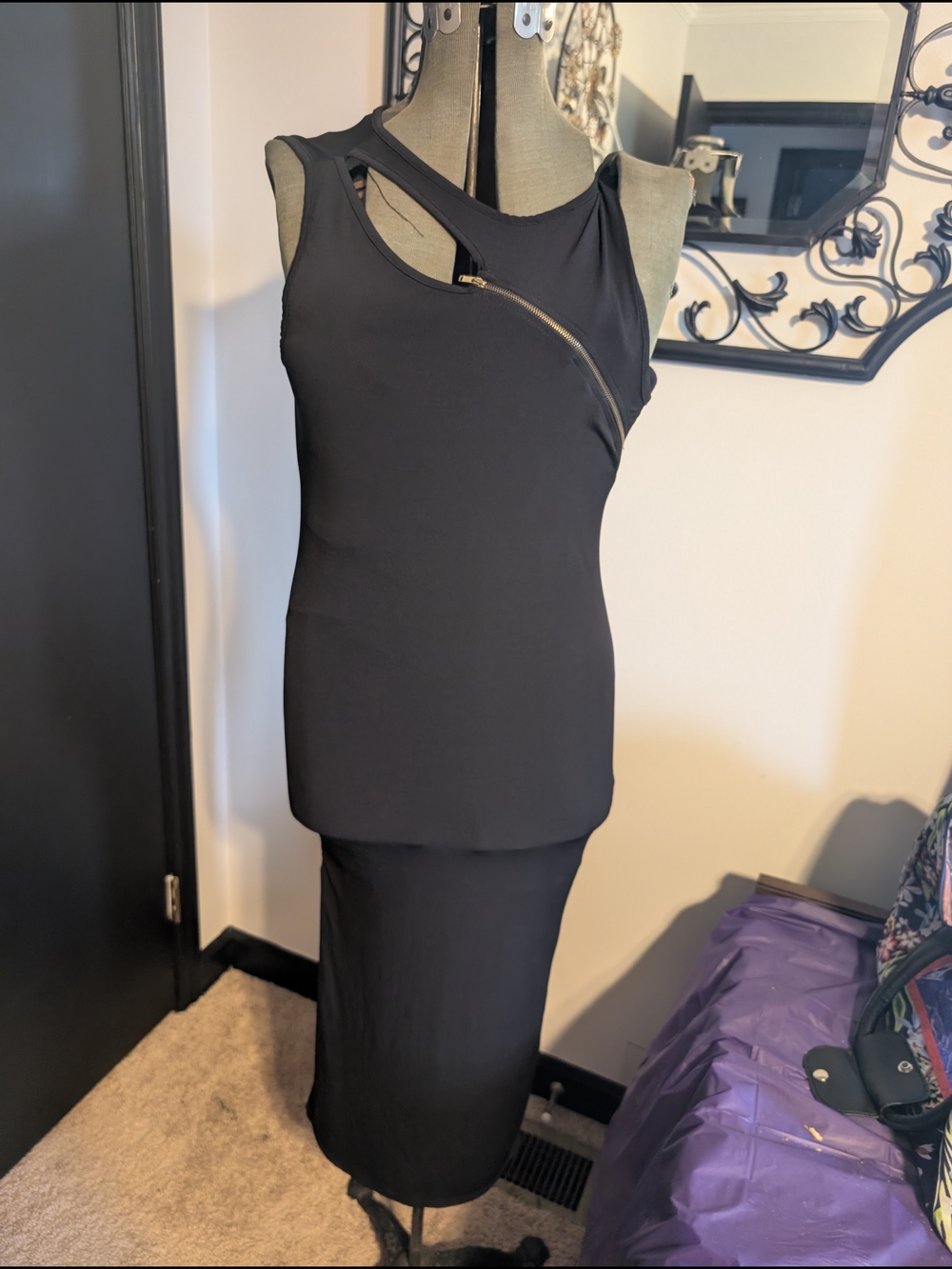 Black Asymmetrical Cutout Zipper Midi Dress